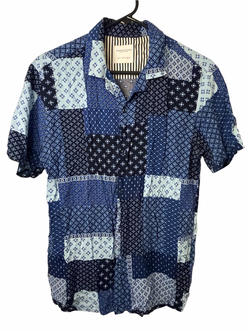 Denim & Flower by Ricky Singh Blue Patchwork Short Sleeve Button-Down Shirt